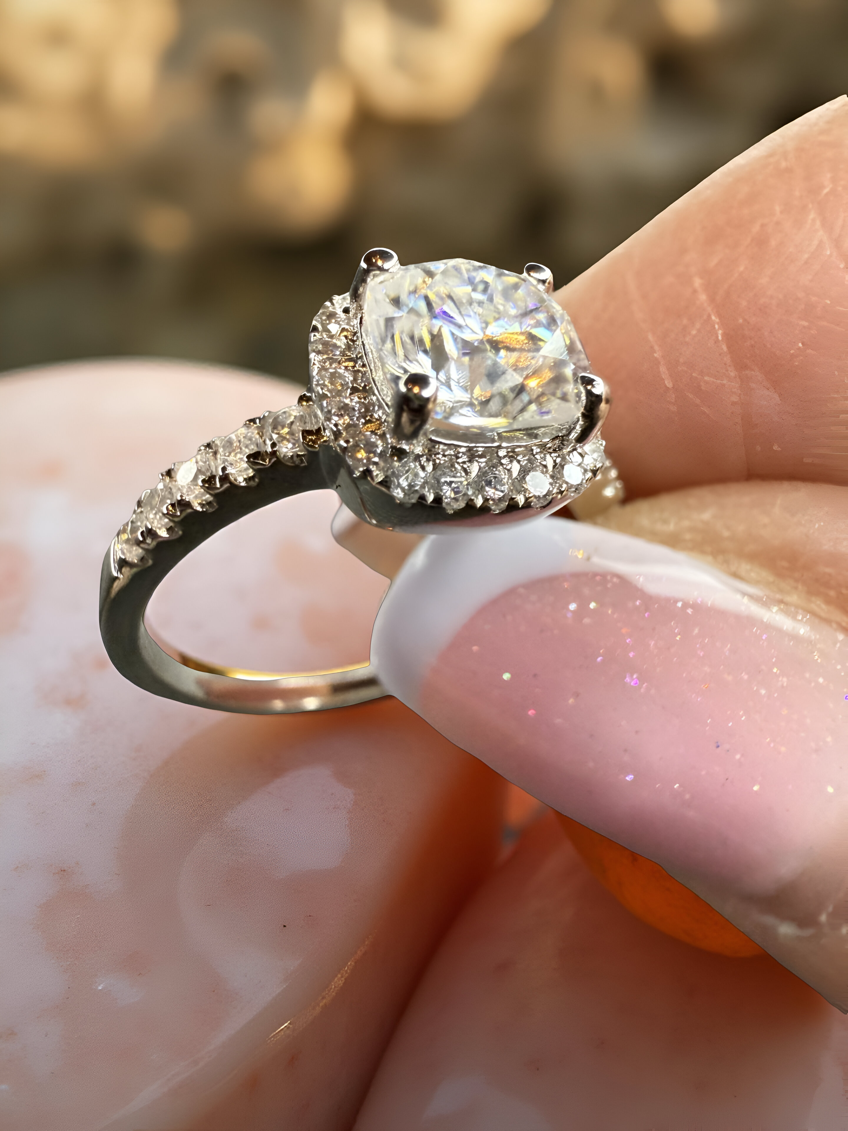 14K hvitt gullring – Klassisk halo-design med cushion-slipt stein