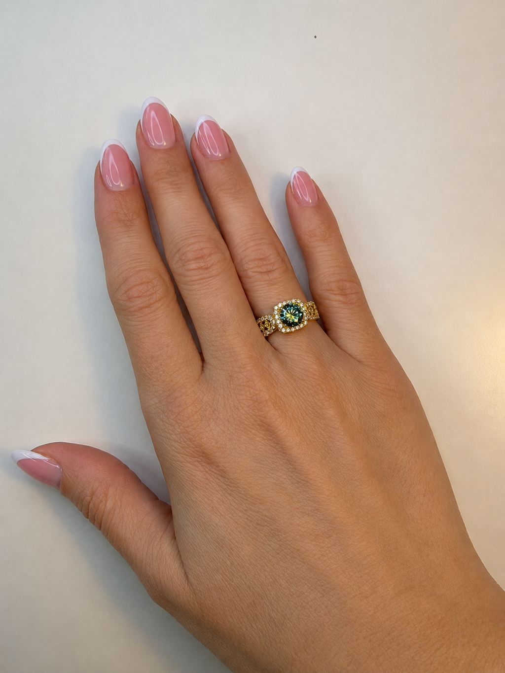 Green Moissanite Halo Ring