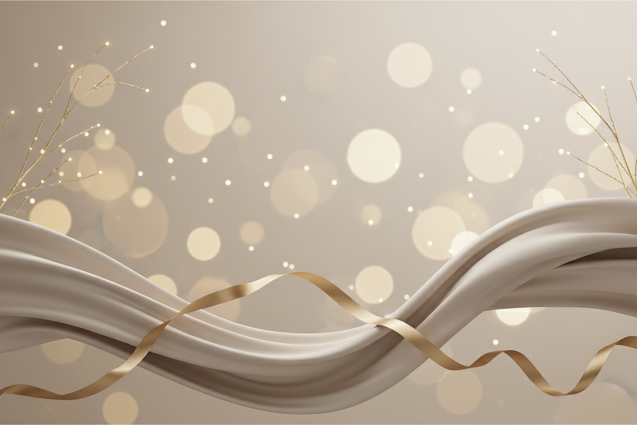 Luxury holiday banner with a neutral, elegant aesthetic. Soft beige and champagne tones, subtle hints of gold. Minimal Christmas elements such as blurred warm fairy lights, a touch of gold ribbon, and soft bokeh in the background. High-end studio style. No overt Christmas symbols. Clean, sophisticated, old-money holiday atmosphere. Perfect for a luxury fashion brand homepage. No text.